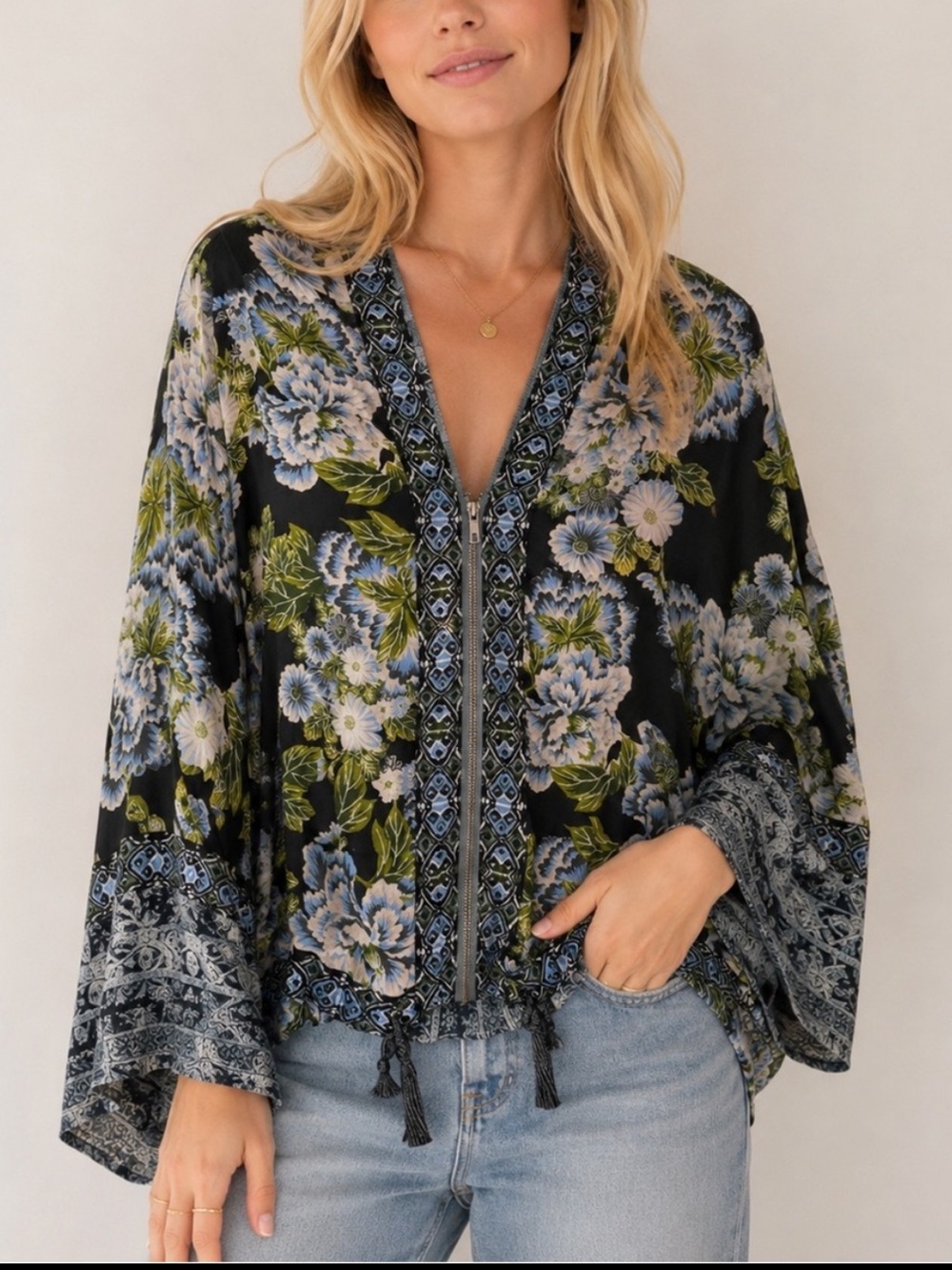 Free People Wildflower Printed Zip Front Kimono Jacket XS/S 25811